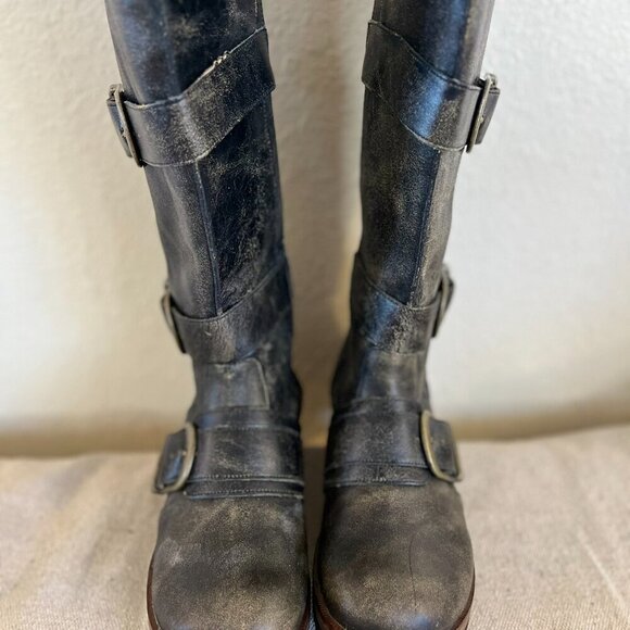 Gee WaWa Anthropology Black Distressed Leather Moto Knee Boots Sz 7 - Picture 3 of 11